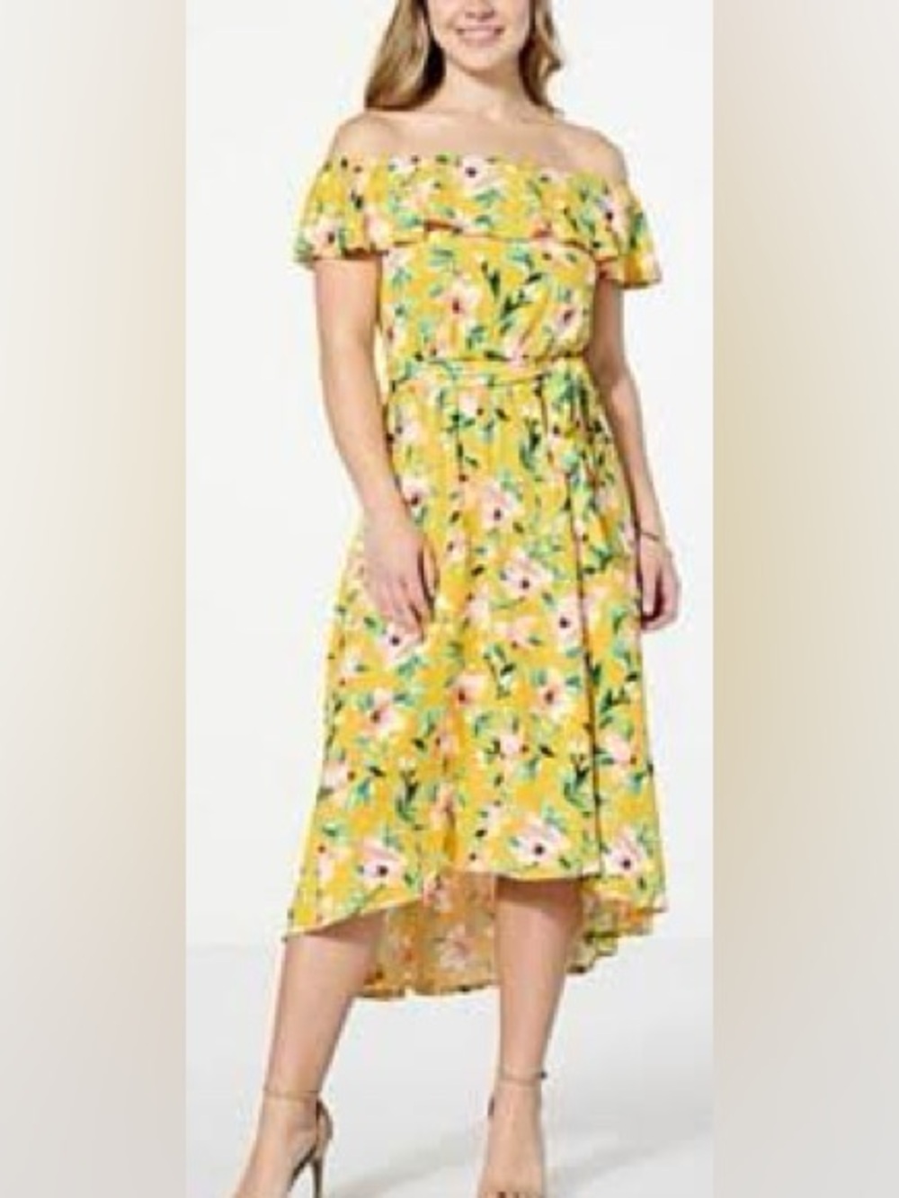C. Wonder Yellow Floral Off-Shoulder High-Low Dress